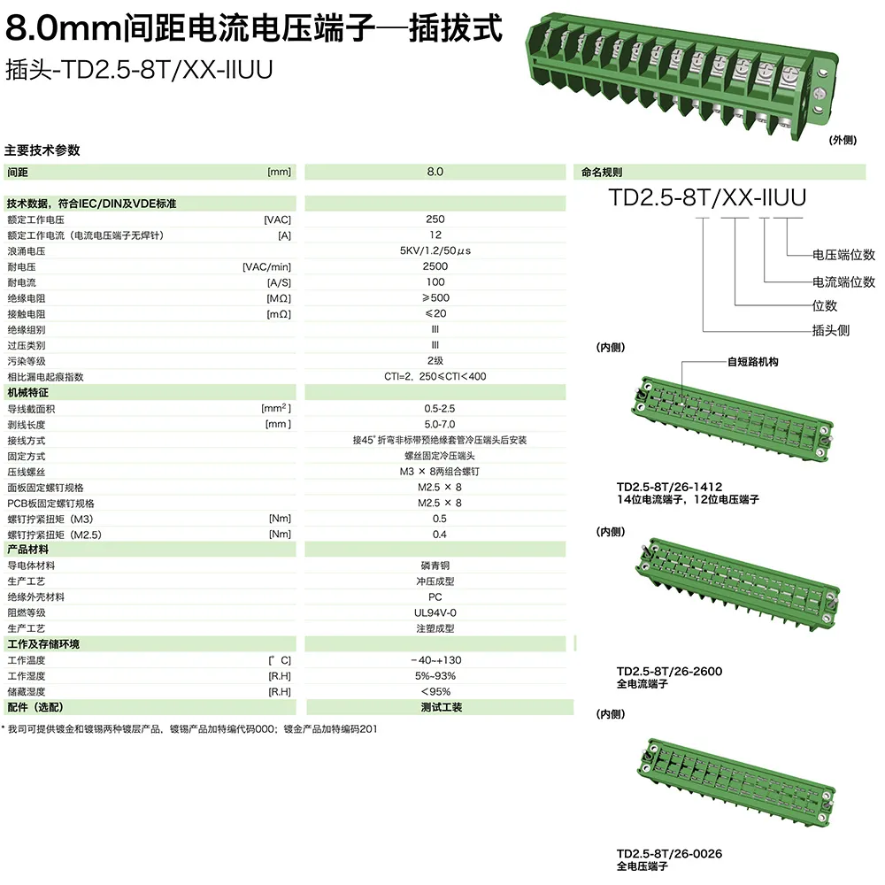 8.0mm间距电流电压端子-插拔式插头TD2.5-8T/XX-IIUU(图1)