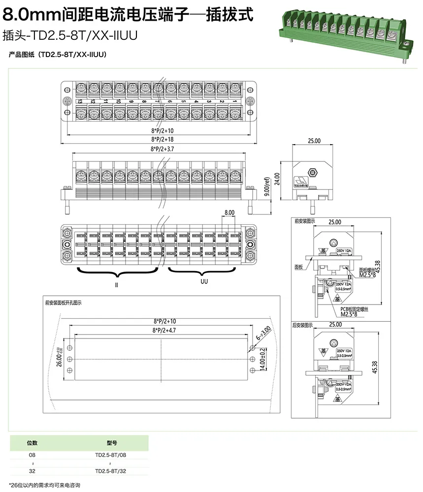 8.0mm间距电流电压端子-插拔式插头TD2.5-8T/XX-IIUU(图1)